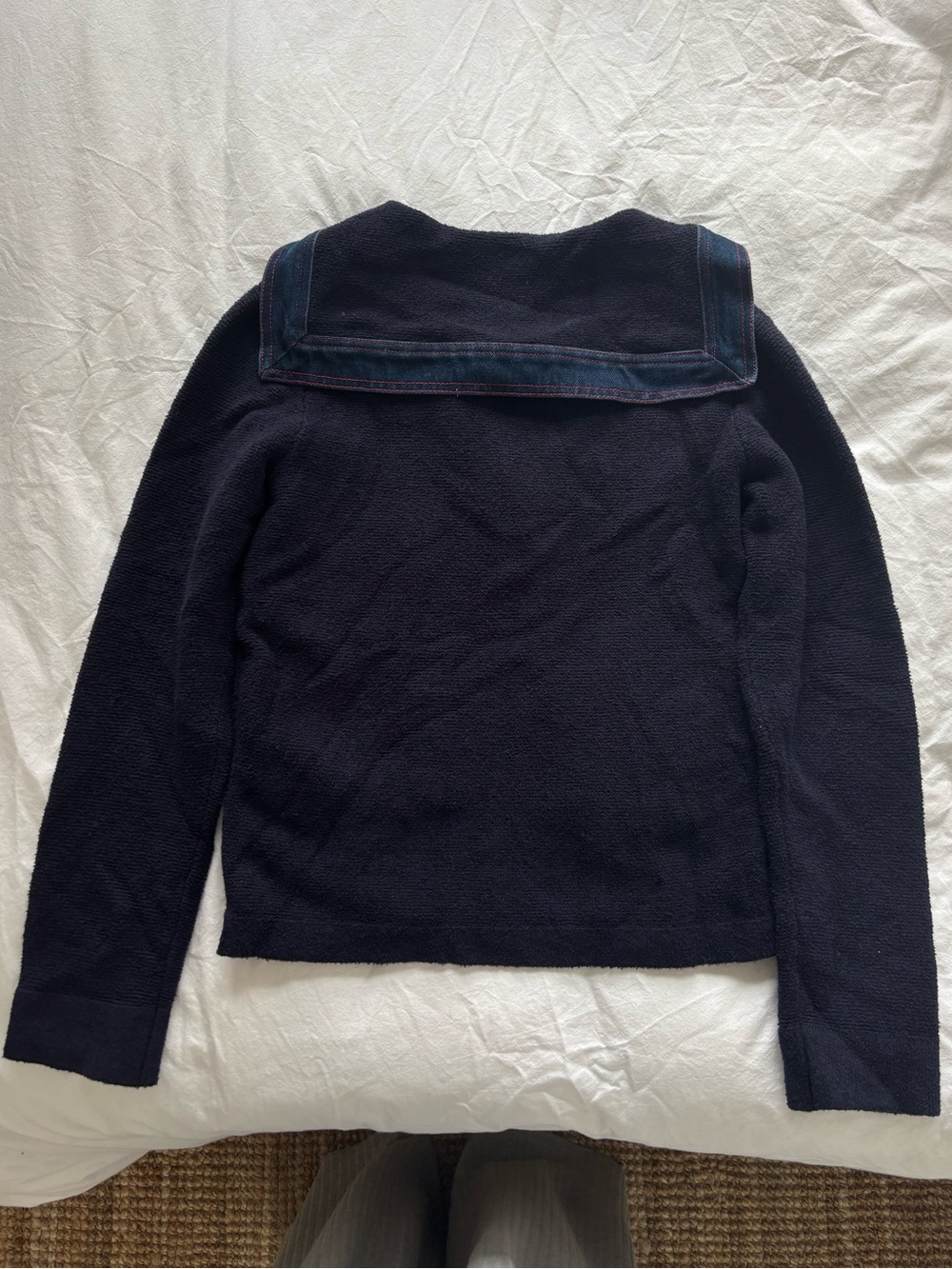 NWT Sandro Navy Blue Button-Up Hooded Cardigan with Denim Trim - Picture 4 of 4